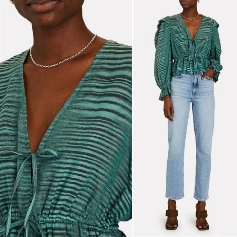 Ulla Johnson Ophelia Cotton Voile Peplum Blouse Teal/ Green Stripe sz 6
